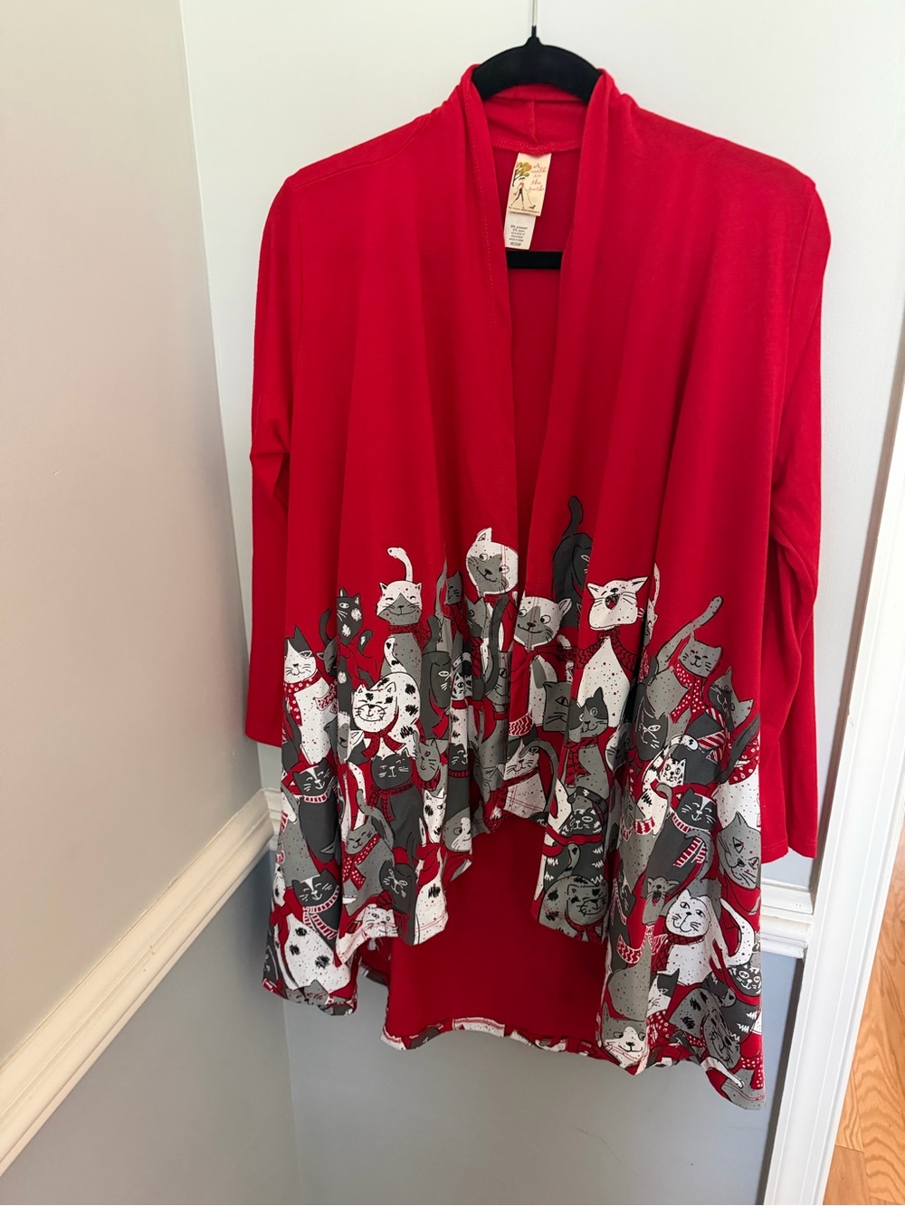 Red Cat-Print Open Cardigan Shrug by Unknown Brand